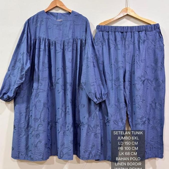 Setelan Tunik Super Jumbo Ld 150 Cm Bahan Polo Linen Bordir Koleksi Terbaru Fit To 6XL Celana Melar