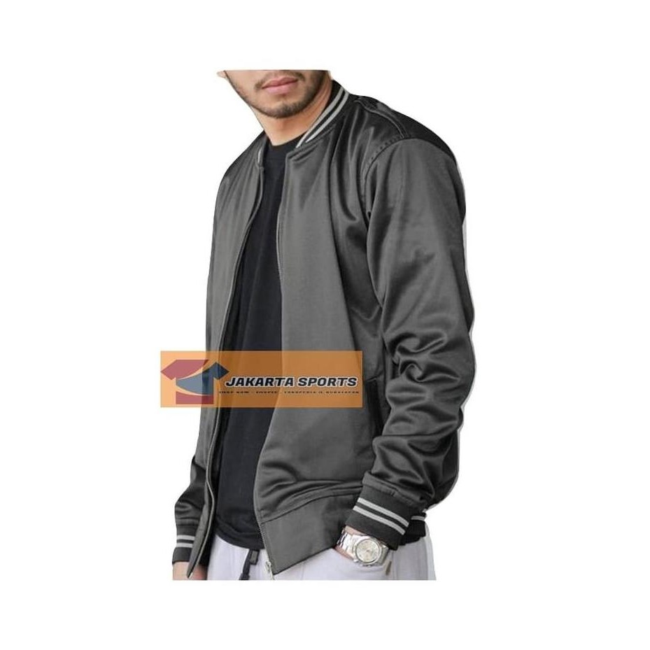 Jaket Full Abu Tua Rib Putih Zipper - Sweater Baseball Varsity Murah (Best Quality)