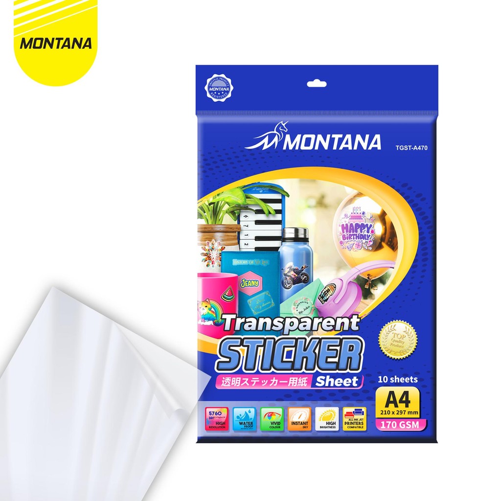 

MONTANA GLOSSY STICKER TRANSPARENT A4 20 SHEETS 170 GSM WATERPROOF KERTAS STIKER TGS-A470