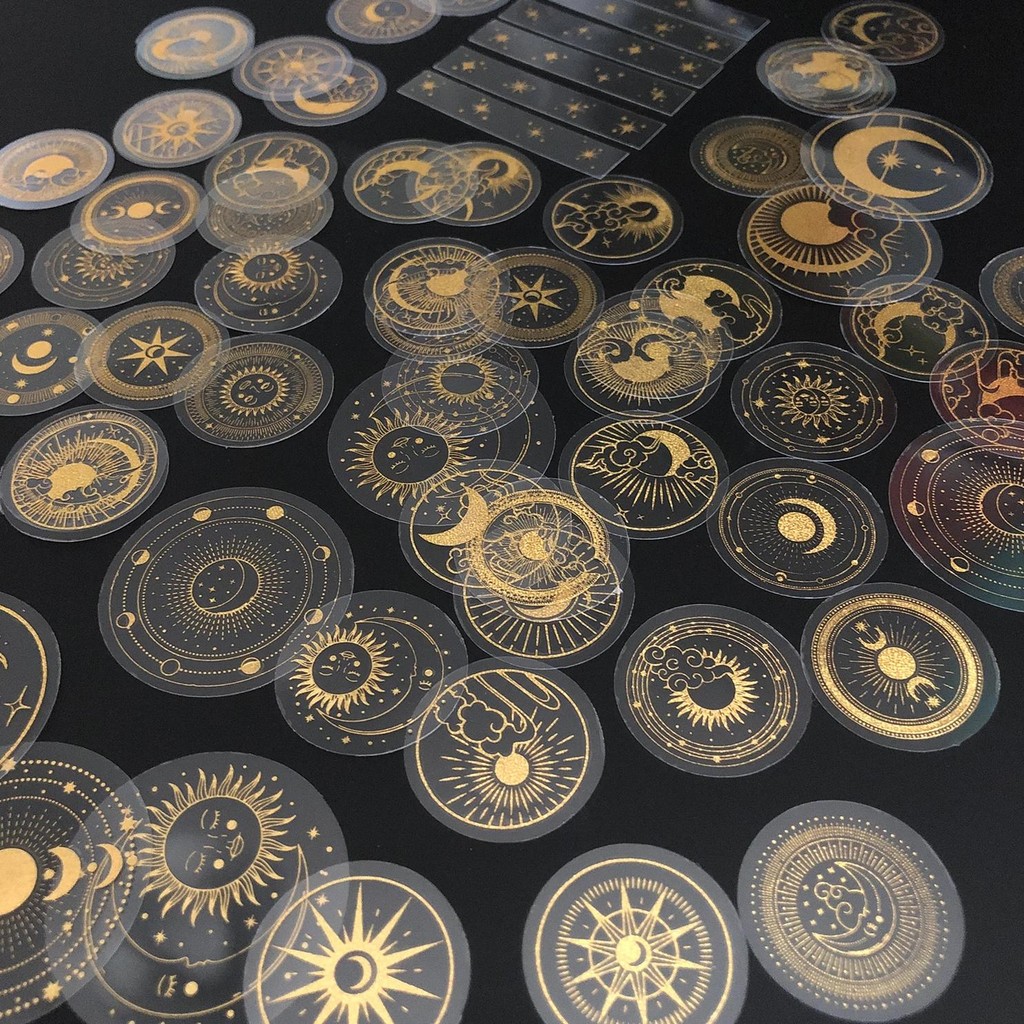 

70 pcs Glitter Gold PET Adhesive Stickers Waterproof Transparent Label: SUN MOON Stars etc