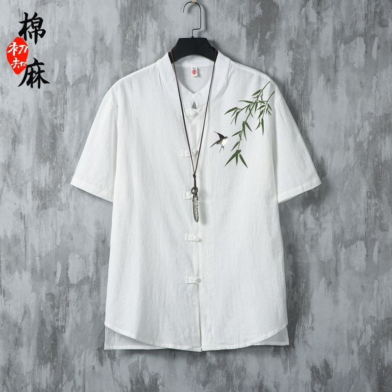 Kemeja Lengan Pendek Pria Linen Cetak Longgar Katun Linen