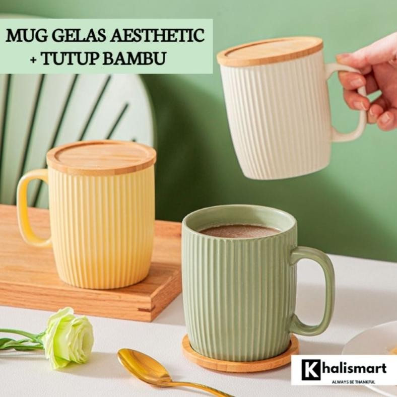 MUG GELAS KOPI TEH SUSU  KERAMIK DENGAN TUTUP MUG KERAMIK AESTETHIC + TUTUP 400 ML