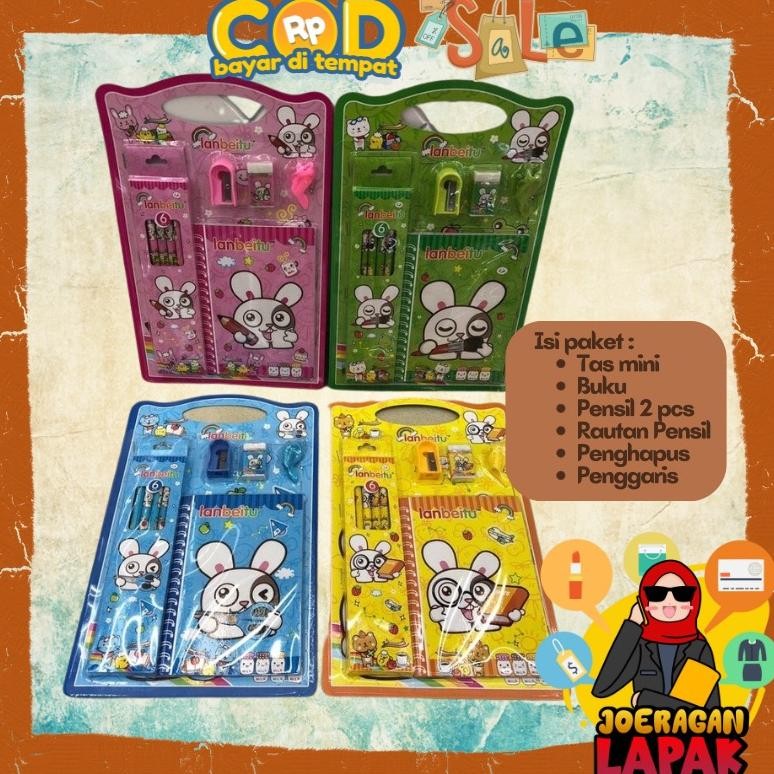 

Alat Tulis Set Karakter Anak Pensil Penggaris Penghapus Rautan Notes Buku Kecil Souvenir Hadiah Kado Stok Baru