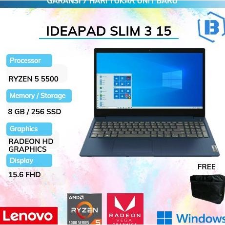(Expert) LENOVO IDEAPAD SLIM 3 15 RYZEN 5 5500 8GB 256/512SSD VEGA7 W10 15.6FHD