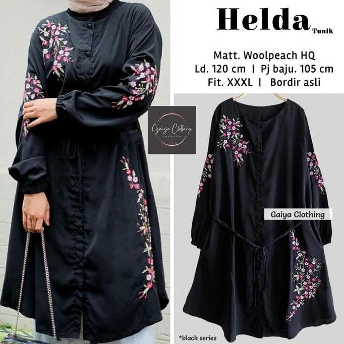 Helda - Tunik Jumbo Bordir Kekinian Terbaru Ld. 120 Muslim Panjang Hitam Putih Kemeja Wanita