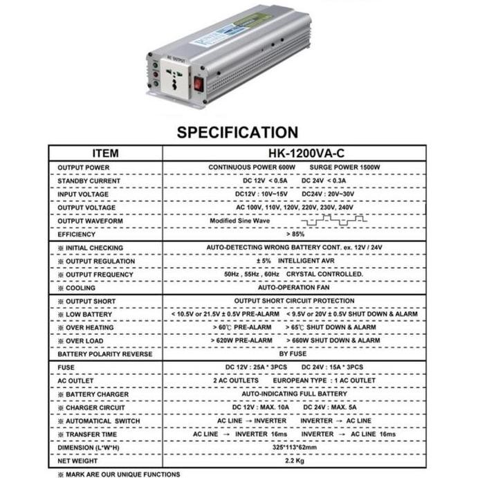 Power Inverter UPS DC AC Plus Charger Accu HK1200VA 12V Hachiko Taiwan
