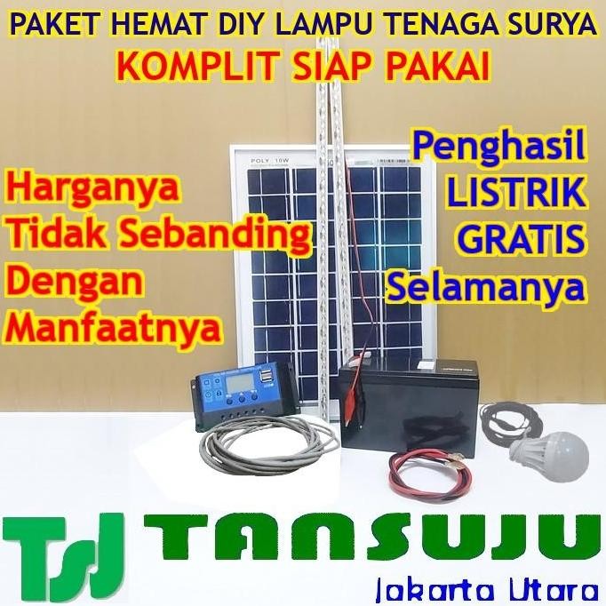 Paket Hemat Komplit Siap Pakai Lampu Solar Cell 10WP Controller 10A Aki 12V 5Ah Bonus Lampu LED