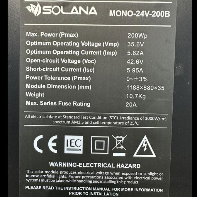 ready SOLANA SOLAR CELL/PANEL SURYA BLACK MONOCRYSTALLINE 24V 200WP PANEL SURYA MONOKRISTALIN 24V 20
