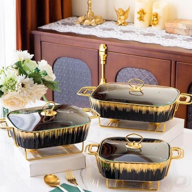 Satuan Prasmanan Wadah Saji Lauk Pauk Keramik List Gold Dudukan Besi