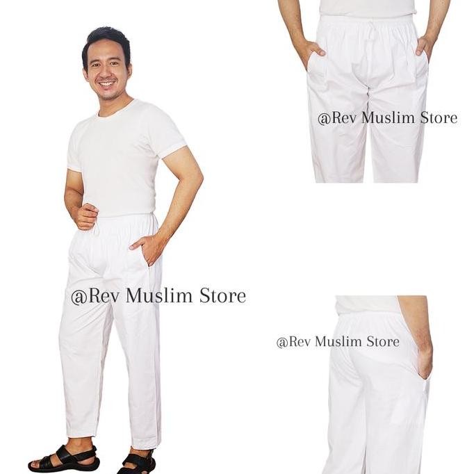 Celana Panjang Pria Celana Muslim Ihram Pria Putih Bahan Katun Twill Kantong Sirwal Dewasa