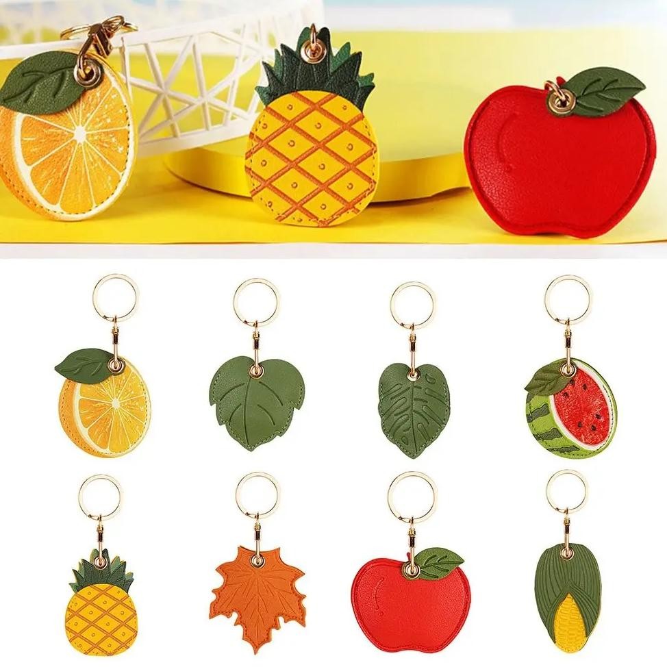 

PROMO!! Useful PU Leather For Airtag Protective Sleeve Access Card Cover Keychain Cute Fruit Leaf Shape Key Ring Bag Hanging Decor