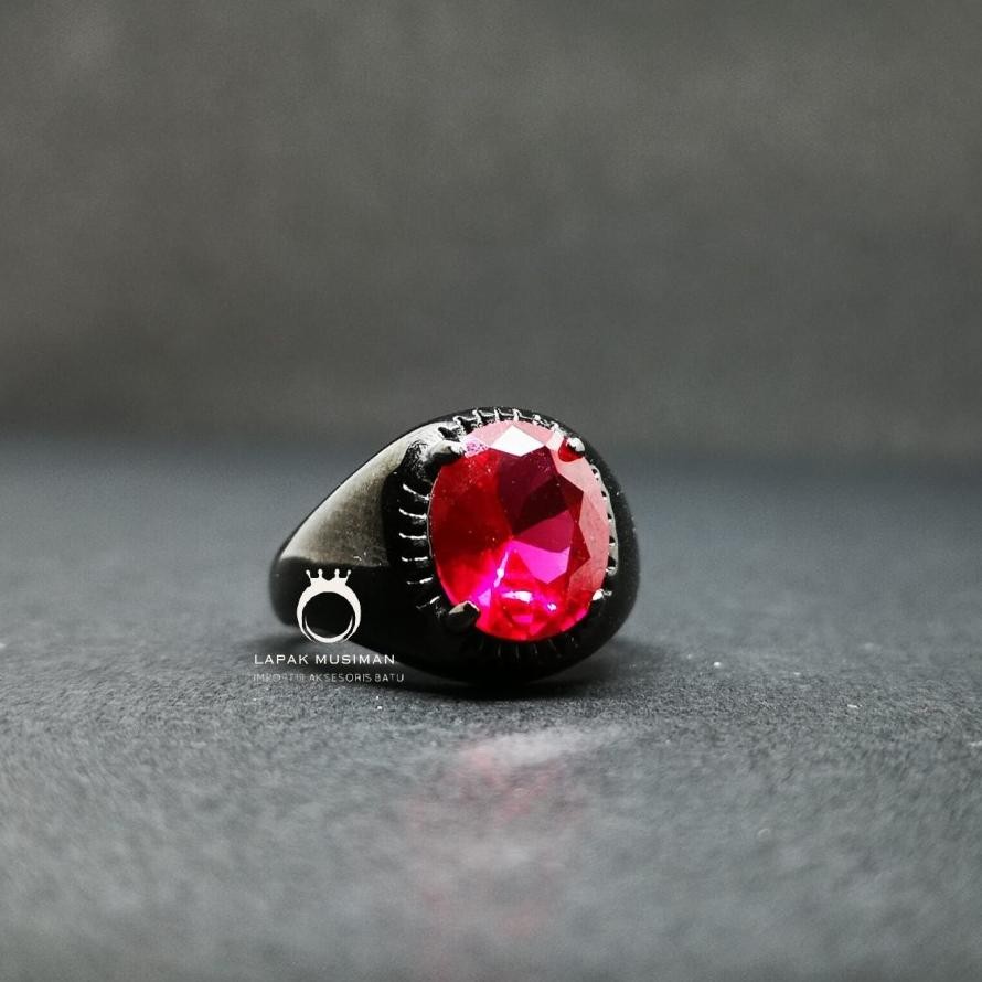 Cincin Pria Batu Ruby Siam Bangkok Ring Titanium Hitam Anti Karat MURAH