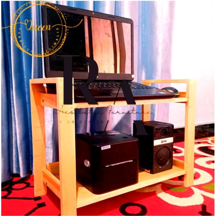 Meja Laptop Monitor Stand Layar Komputer Rak 2 Susun Dudukan Dan Printer Kayu Jati Kokoh Anti Rayap 
