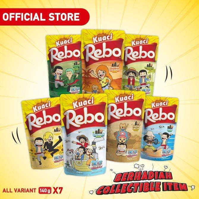 

Rebo Kuaci X One Piece Bundling 7 Pcs - Rasa Original, Milk, Green Tea, Caramel, Coconut, Cheese, Caffe Latte 140 Gram