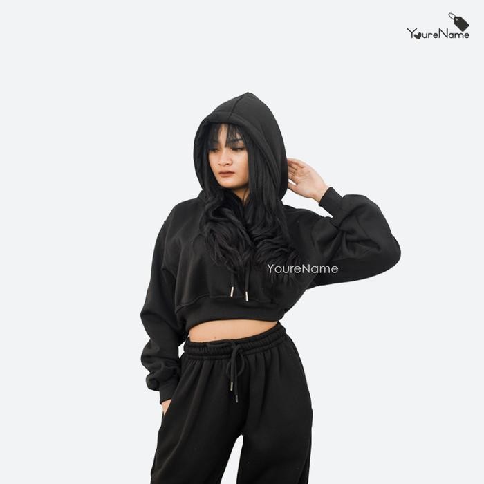 Yourename - Alexa One Set Hoodie Jumper Crop + Celana Jogger Panjang Sweatpants One Set Korea Atasan
