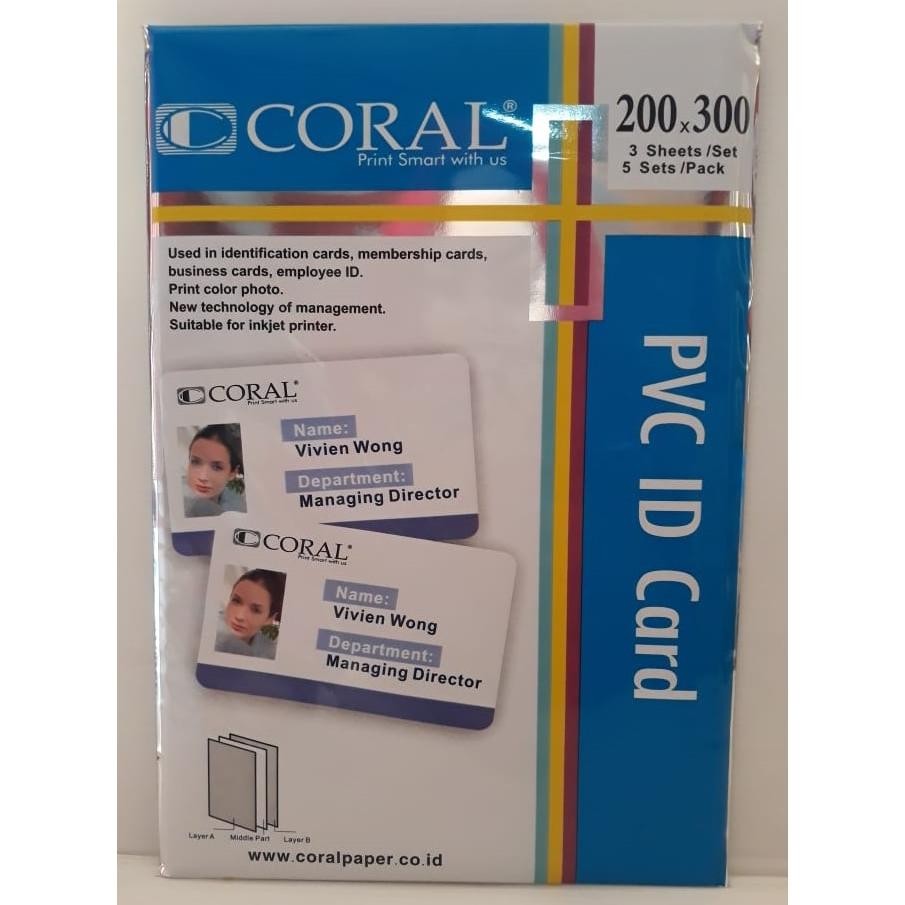 

JH8 Kertas PVC Bahan ID Card Instan Coral A4 isi 5 Lembar Merk Coral