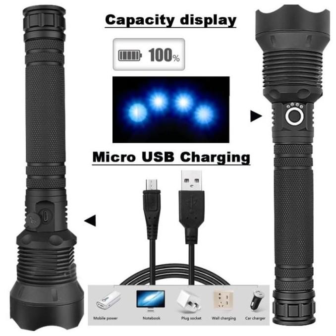 Senter Led Xhp70.2 90000 Lumens / Senter Super Terang Jarak Jauh Zoom Baterai Charger Lampu Usb