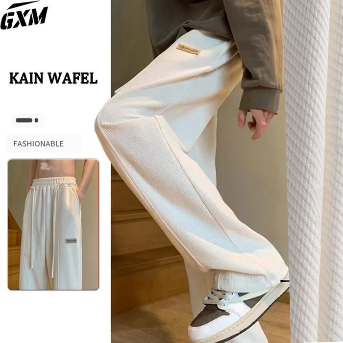 Celana Panjang Polos Pria Putih Kain Wafel Celana Lurus Highwaist Tebal Celana Panjang Pria Kaki Leb