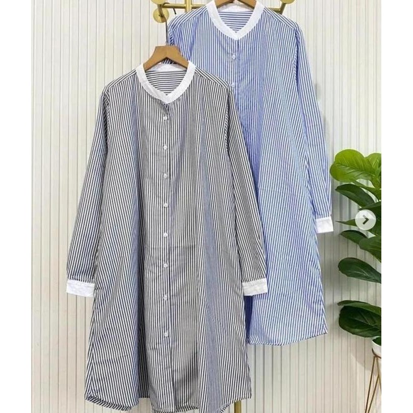 Tunik Salur Wanita Muslim Lengan Panjang Bahan Katun Salur Import Premium