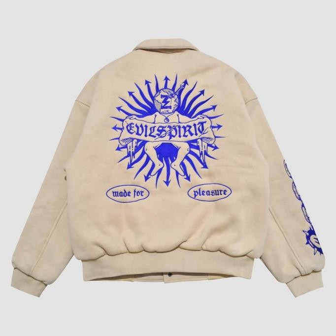 Evilspirit Varsity Jacket - Hazel Cream Unisex Jaket Baseball Pria Wanita Katun Fleece Co