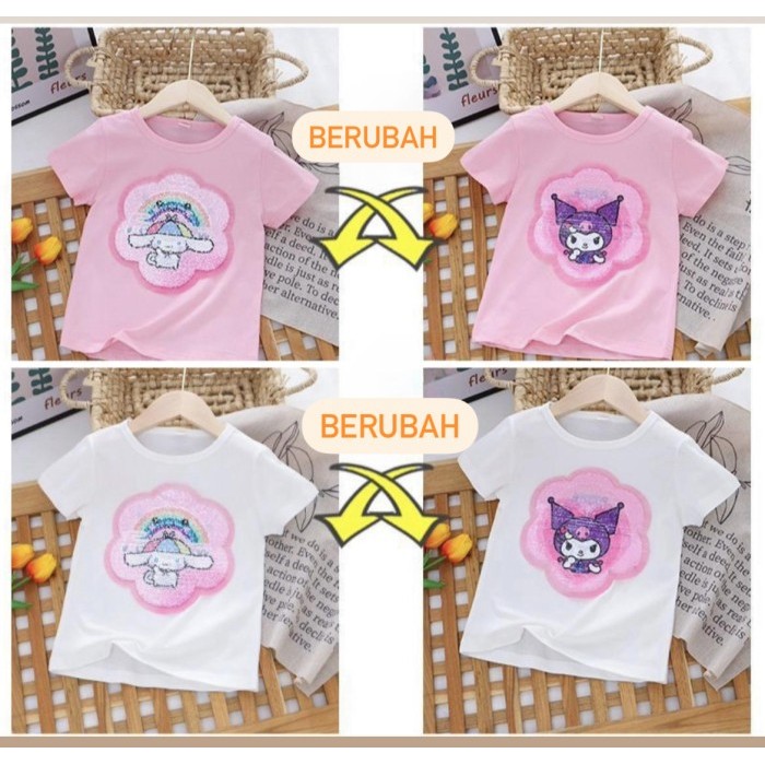 Ready Stok - Baju Tshirt Kaos Kuromi Cinnamoroll Sequins Manik Anak Perempuan