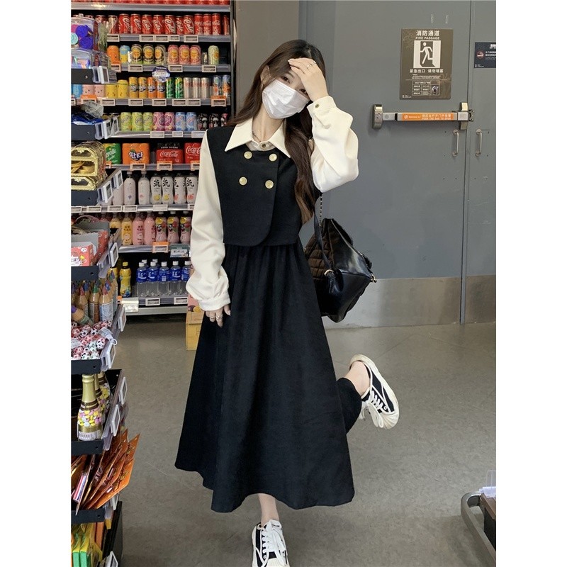 Promo Dress Retro Kasual Wanita Gaya Korea Dress Lengan Panjang Kerja Longgar Rui