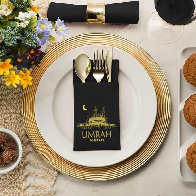 

5Pcs Black Kaaba Umrah Mubarak Silverware Bag Paper Disposable Napkins Muslim Islamic Ramadan Kareem Eid Dinner Table Decoration HFS