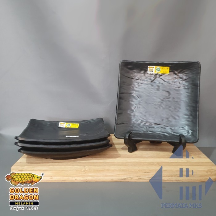 @=@=@=@=] Piring Kotak Hitam Motif Batu Sushi Melamin 6" Golden Dragon