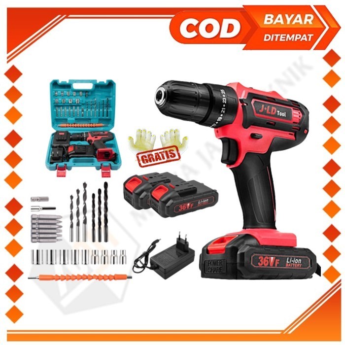 JLD Mesin Bor 2 Baterai 36Vf Cordless Hand Drill Bisa Bolak Balik