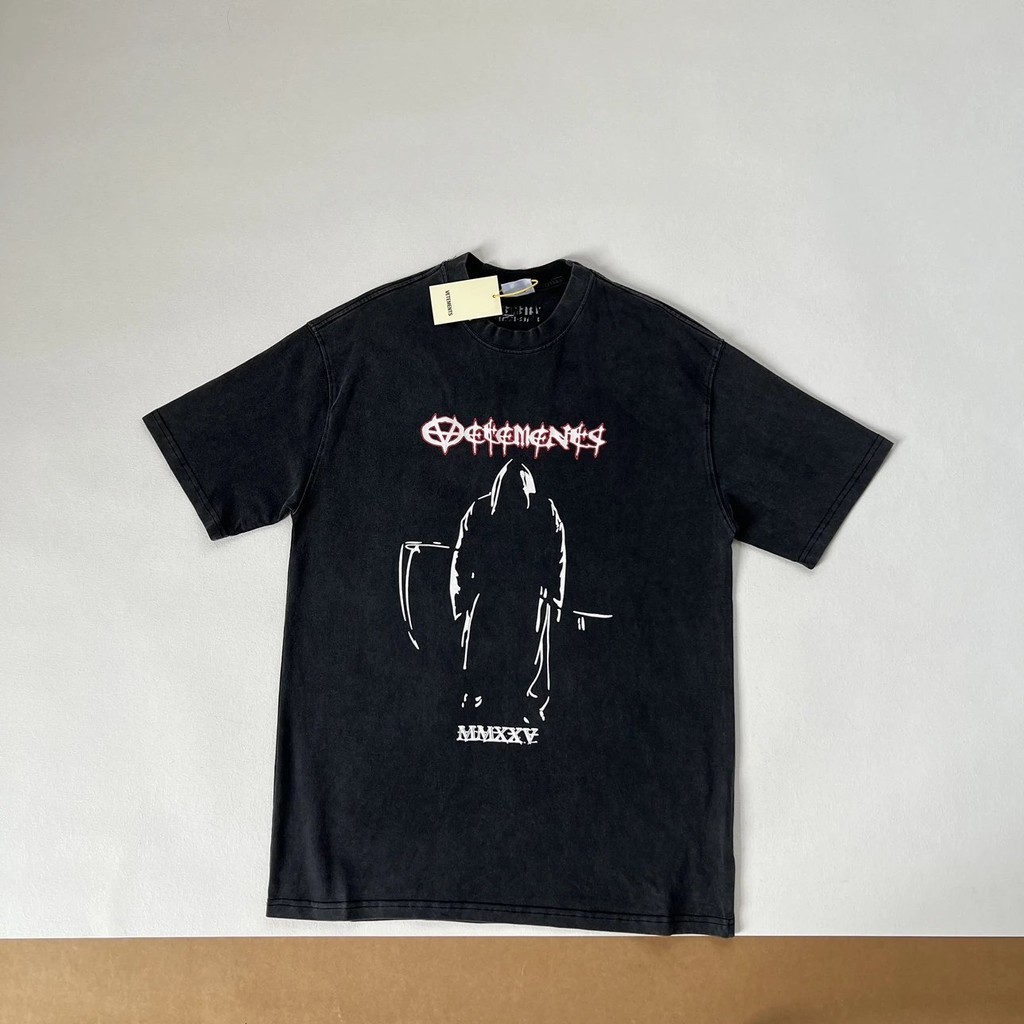 VETEMENTS Desain cetak pola sabit kematian, kaos lengan pendek, desain garis leher kecil, kaos lenga