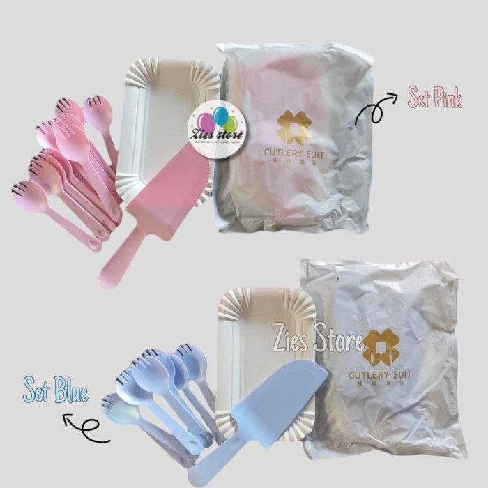 @#@#@#] Set Piring Kertas Garpu Pisau Kue Ulang Tahun / Cutlery Set - Set pink