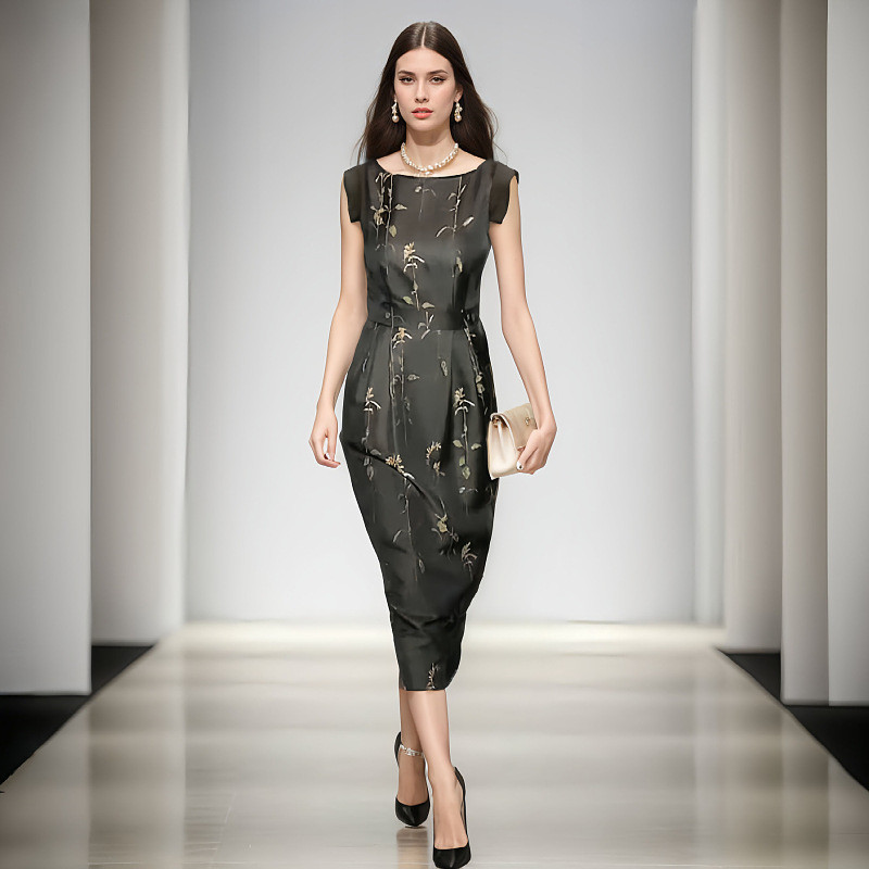 Dress bordir Cheongsam modifikasi wanita, gaun bordir hitam elegan modis 20248