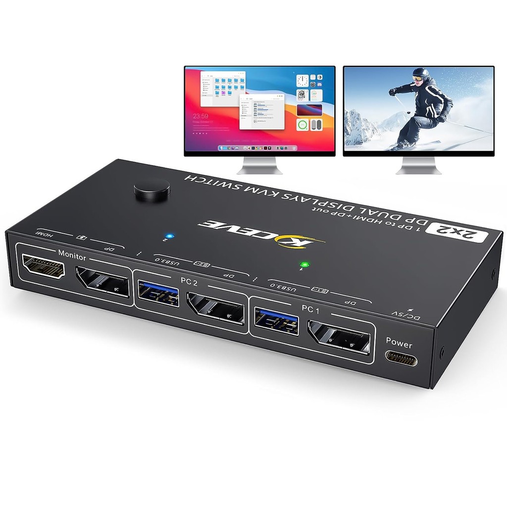 KCEVE MST Displayport KVM Switch 2 Monitors 2 Computers 4K@144Hz(1 DP in,DP+HDMI Out),Dual Monitor K
