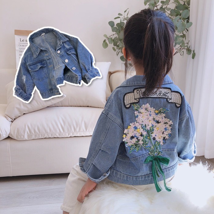 [508104] - Jaket Jeans Bunga Bordir Lengan Panjang Anak Perempuan
