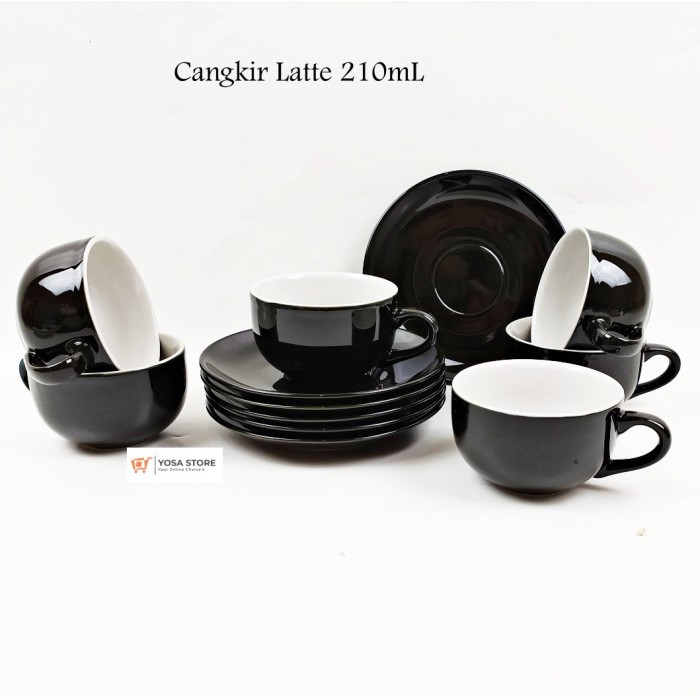 Cangkir Keramik Kopi Teh Motif Cafe Hitam 12 Pcs