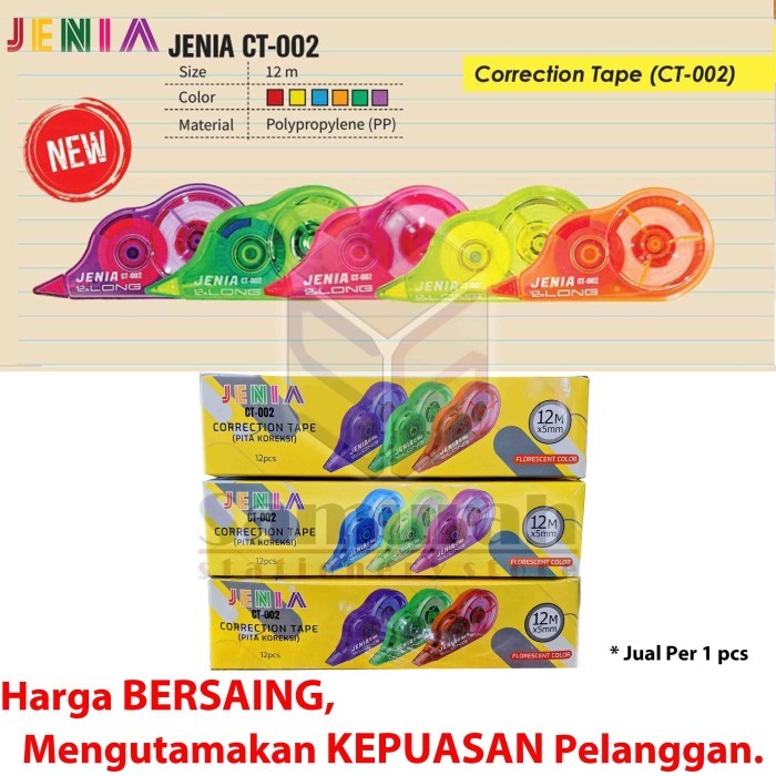 Correction Tape Jenia 12 Meter Warna / Tip-Ex Rol Plastik 12 M Tipe X