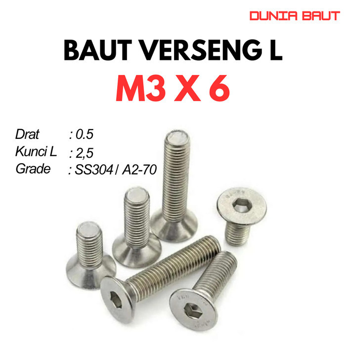 Baut Verseng L M3X6 / Baut JFL 3X6 / Countersunk L M3 X 6 / 3 X 6  - Socket Countersunk Screw Stainl