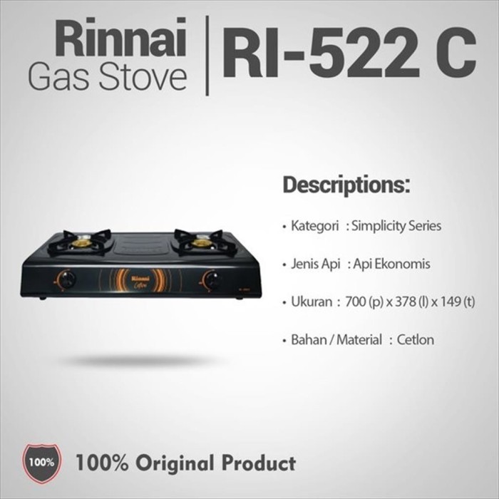RINNAI KOMPOR GAS 2 TUNGKU RI-522C / RI 522 C / RI522C TEFLON100% ORI