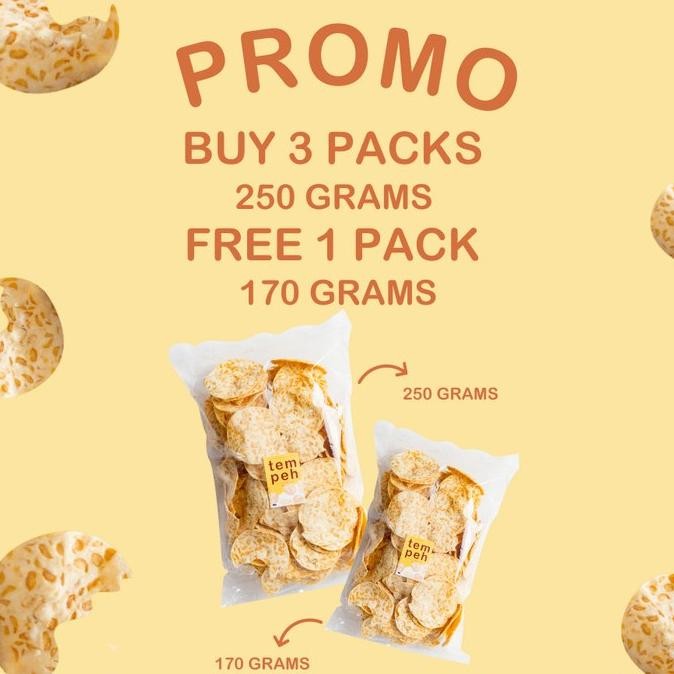 

TERBARU PROMO TEMPEH CHIPS - BUY 3 PACKS 250 GRAMS GET 1 FREE 170 GRAMS !!!!!