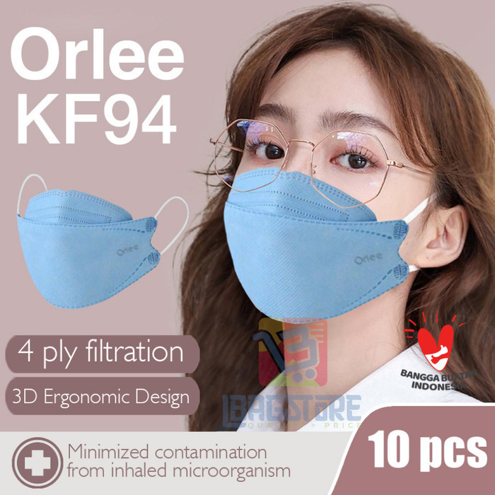 Masker KF94 KF 94 Orlee 4ply earloop Biru Blue Embos Kemenkes isi 10