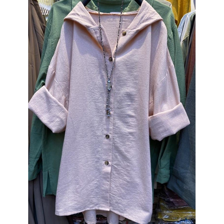 KEMEJA HOODIE KEMEJA POLOS KATUN LINEN ATASAN WANITA BLOUSE KANCING Terlaris