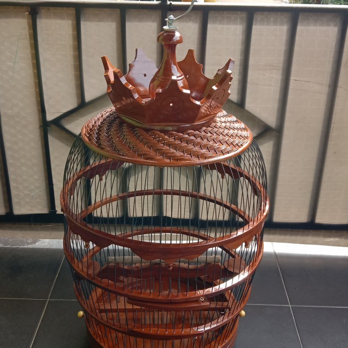sangkar perkutut antik bulat mahkota kayu jati ruji fiber