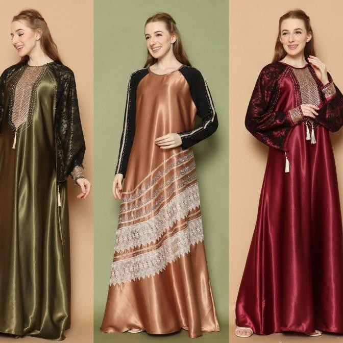 BAJU KAFTAN WANITA BAHAN SATIN PREMIUM WARNA HITAM MAROON NAVI KAFTAN GAMIS LEBARAN 2025 MAXI MIDI D