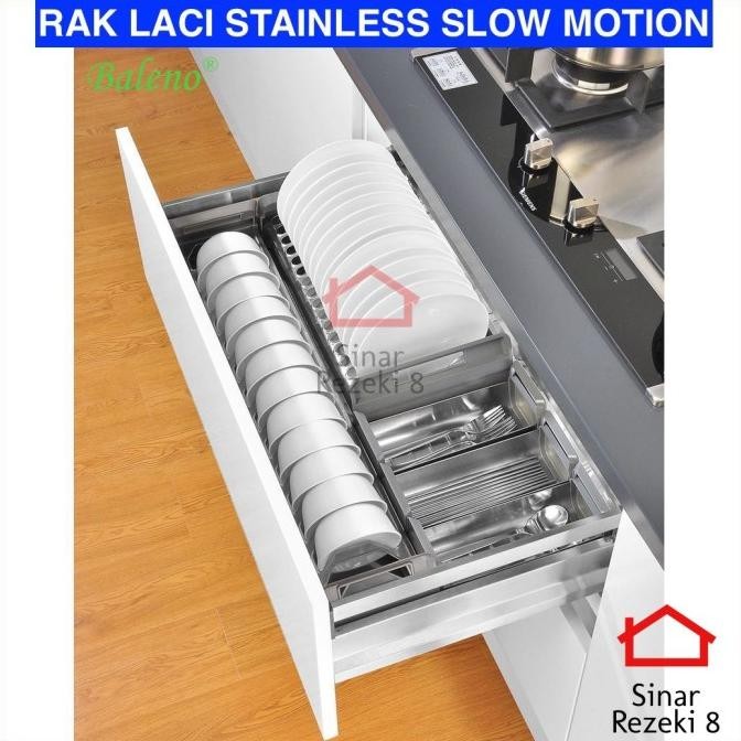 Rak STAINLESS Piring Mangkok SLOW MOTION Dapur Tempat Sendok Laci Rel