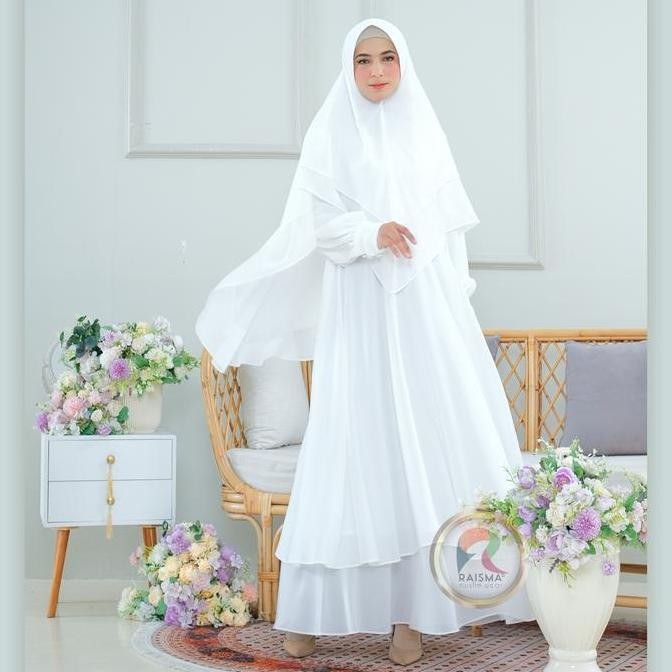 Raisma - Mafaza Gamis Syar'I Putih Set Khimar Yulita Bahan Ceruti Babydoll Baju Umroh Haji Muslim Wa