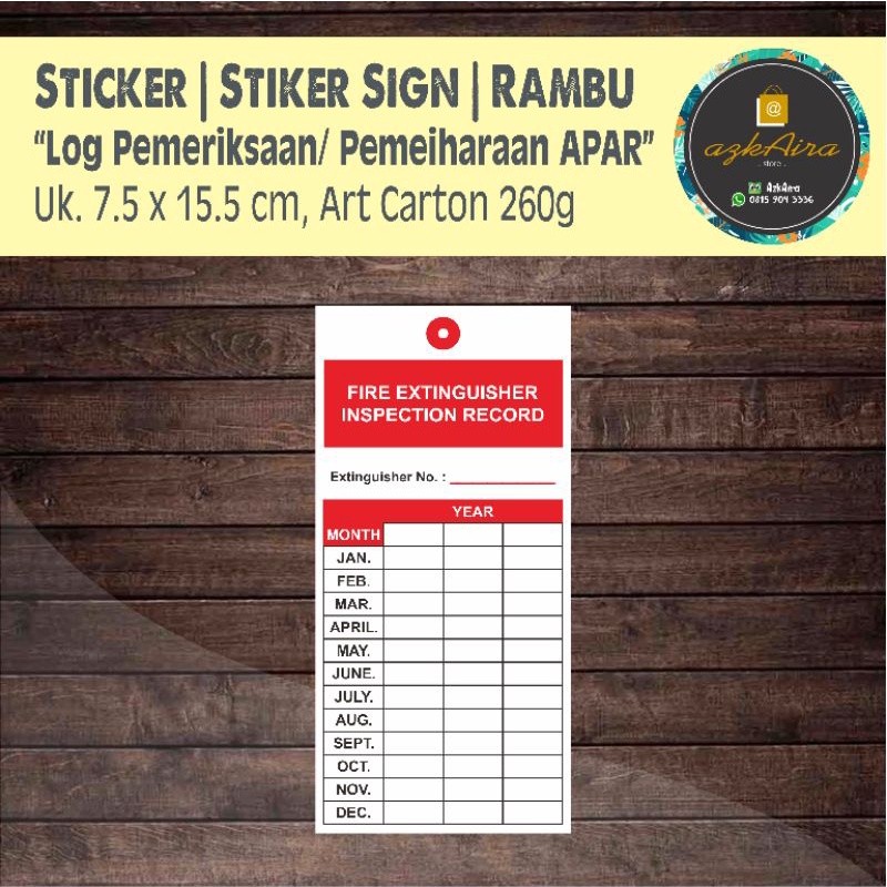 Gratis Ongkir Kartu Checklist Ceklis Log Pemeriksaan/ Pemeliharaan Apar