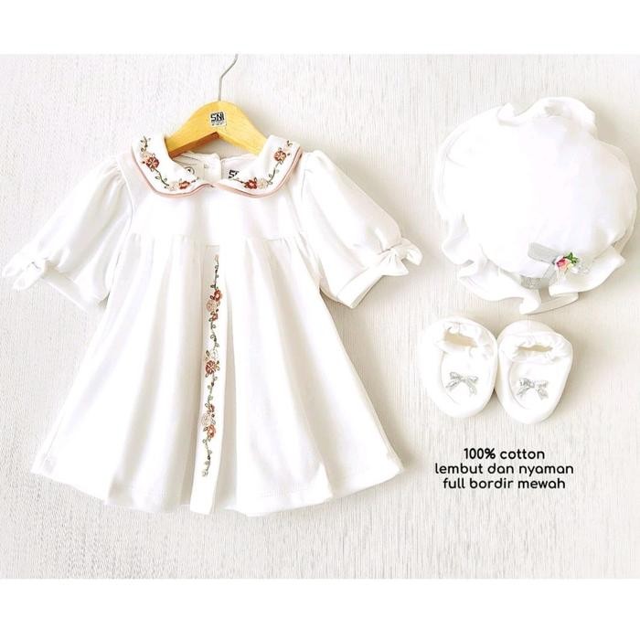 pure white baju fashion dress putih set sepatu topi ara anak bayi perempuan