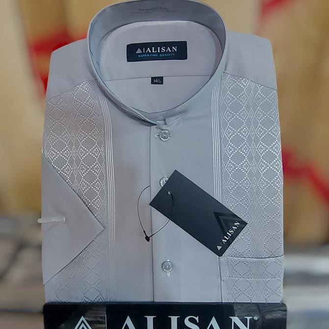 Kemeja Alisan Koko Bordir Abu Muda / Abu Silver Lengan Pendek Promo