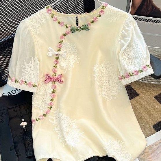 Atasan Bunga Bordir Gaya Cina2025Baru/Pakean Wanita/Atasan/T Baju Kaos