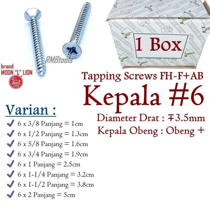 1Dus Sekrup Tapping Screw FH 6 Moon Lion Kayu Tembok Alumunium F+AB